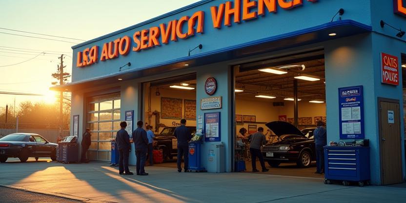 CSAI Auto Service shop, exterior view with technicians and satisfied customers.